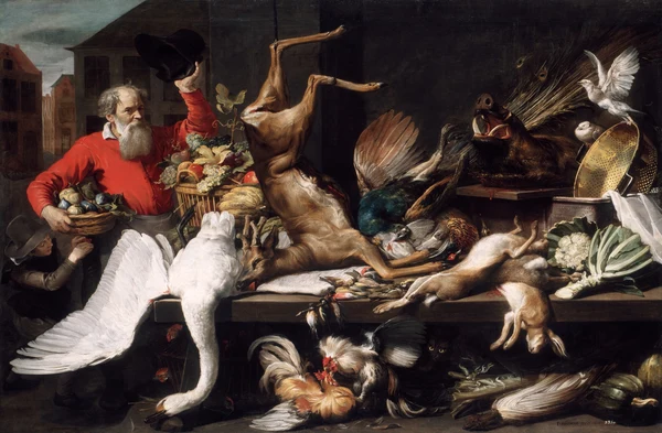 A market counter hung with a butchered deer, hare, swan, boar’s head and poultry — Still Life with Dead Game, Fruits, and Vegetables in a Market, Frans Snyders, 1614