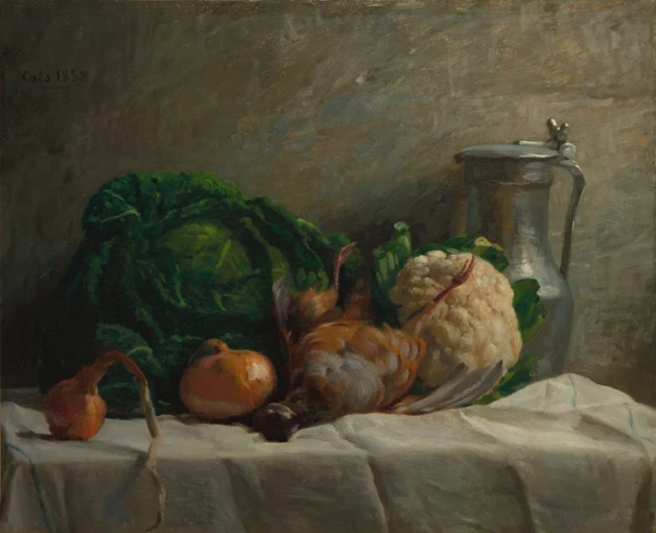 A savoy cabbage, cauliflower, onions and a dead partridge on a cloth — Still Life with Vegetables, Partridge, and a Jug, Adolphe-Félix Cals, 1858