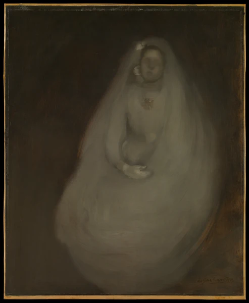 A girl in a white communion dress and veil, hands clasped, against a dark ground — The First Communion, Eugène Carrière, about 1896