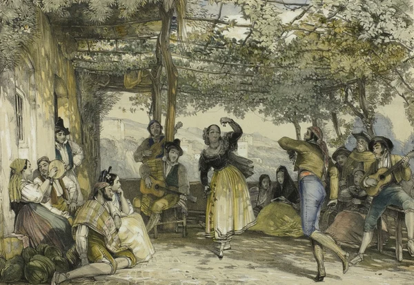 Villagers dancing the bolero under a vine arbour with guitar and tambourine — Spanish Peasants Dancing the Bolero, John Frederick Lewis, 1836