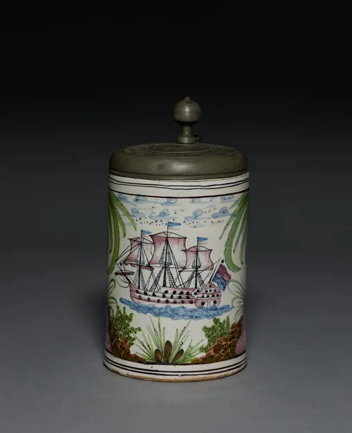 Faience tankard painted with a ship, with a pewter lid, Aumund, Germany, about 1750