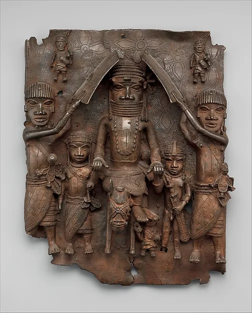 Plaque with equestrian ọ́bà (king) and attendants, Edo peoples, ca. 1540–70