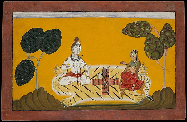 Shiva and Parvati Playing Chaupar, a folio from a Rasamanjari series, Devidasa of Nurpur, dated 1694–95